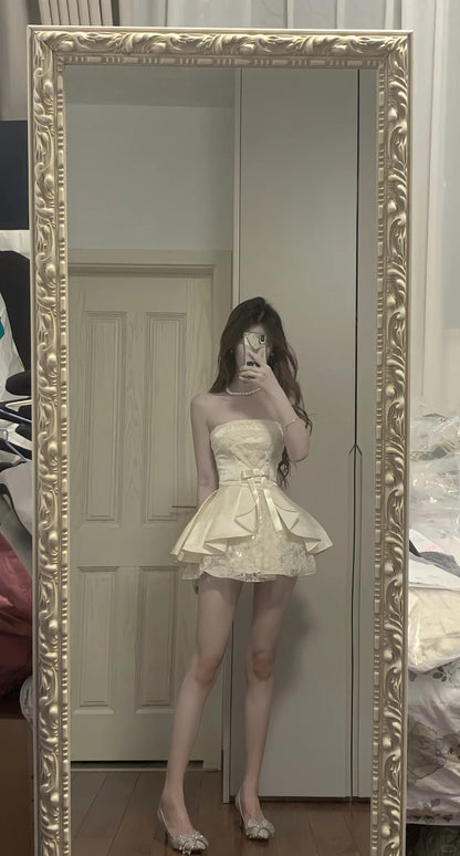 Sweet Tube Top Bow Lace Waist Mini 17th Birthday Homecoming Dress P3567