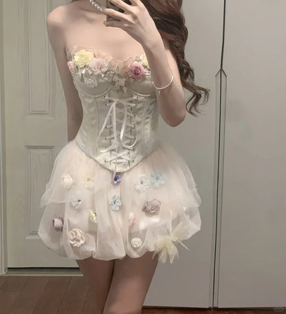 Niedliches rosa 3D-Blumenkorsett mit Knospenrock, Ballkleid zum 17. Geburtstag P3568