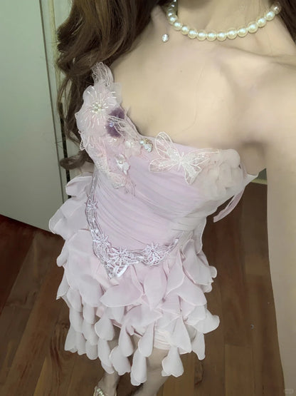 Süßes rosa trägerloses Chiffon Bodycon Quallenrock Abschlussballkleid P3569