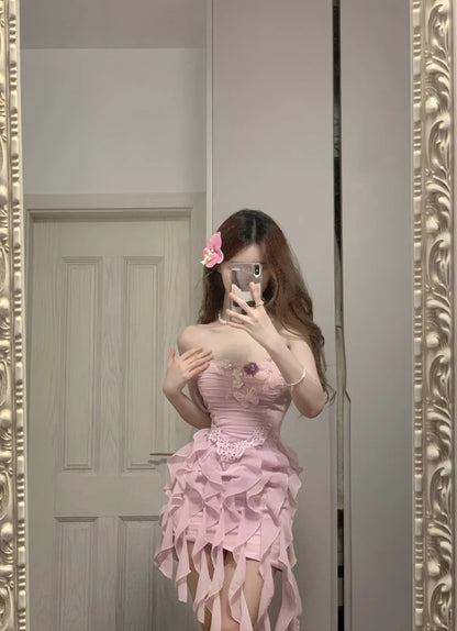 Süßes rosa trägerloses Chiffon Bodycon Quallenrock Abschlussballkleid P3569