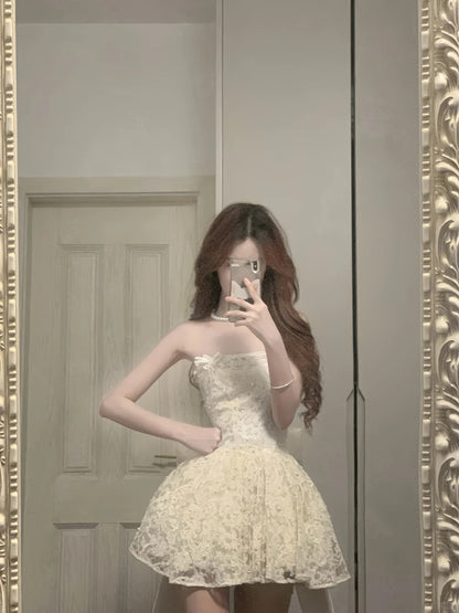 size 18 homecoming dresses Cute Lace Pearl Bow Strapless A-Line Mini 17th Birthday Homecoming Dre –  PreppyDress