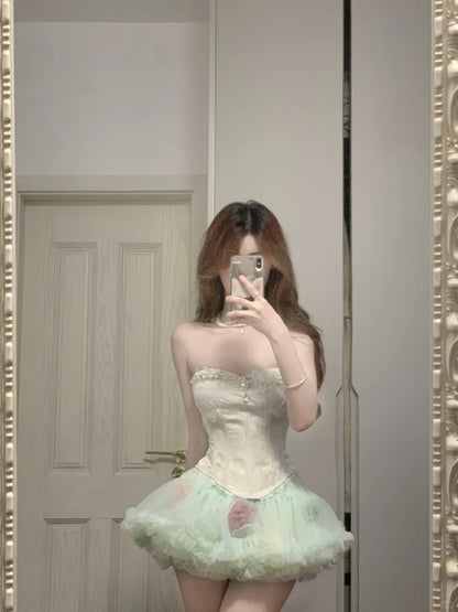 Frisches grünes Tüll-Fischgrätmuster Bustier-Minikleid für Homecoming P3571