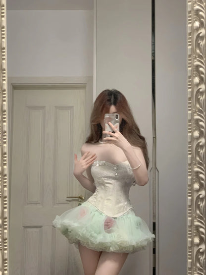 Frisches grünes Tüll-Fischgrätmuster Bustier-Minikleid für Homecoming P3571