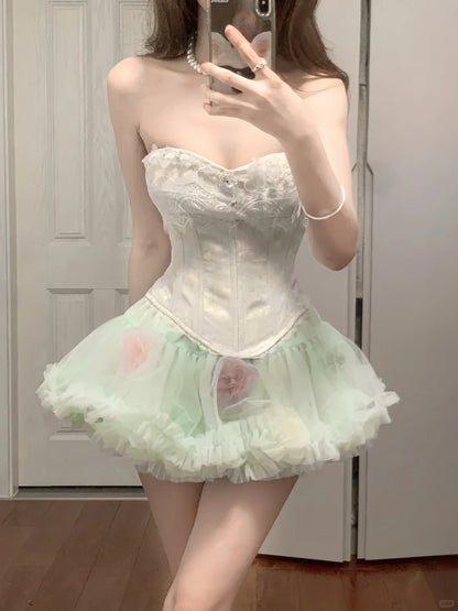 Frisches grünes Tüll-Fischgrätmuster Bustier-Minikleid für Homecoming P3571