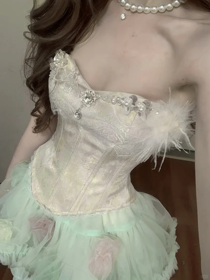 Frisches grünes Tüll-Fischgrätmuster Bustier-Minikleid für Homecoming P3571