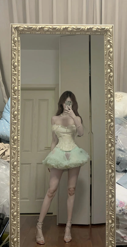 Frisches grünes Tüll-Fischgrätmuster Bustier-Minikleid für Homecoming P3571