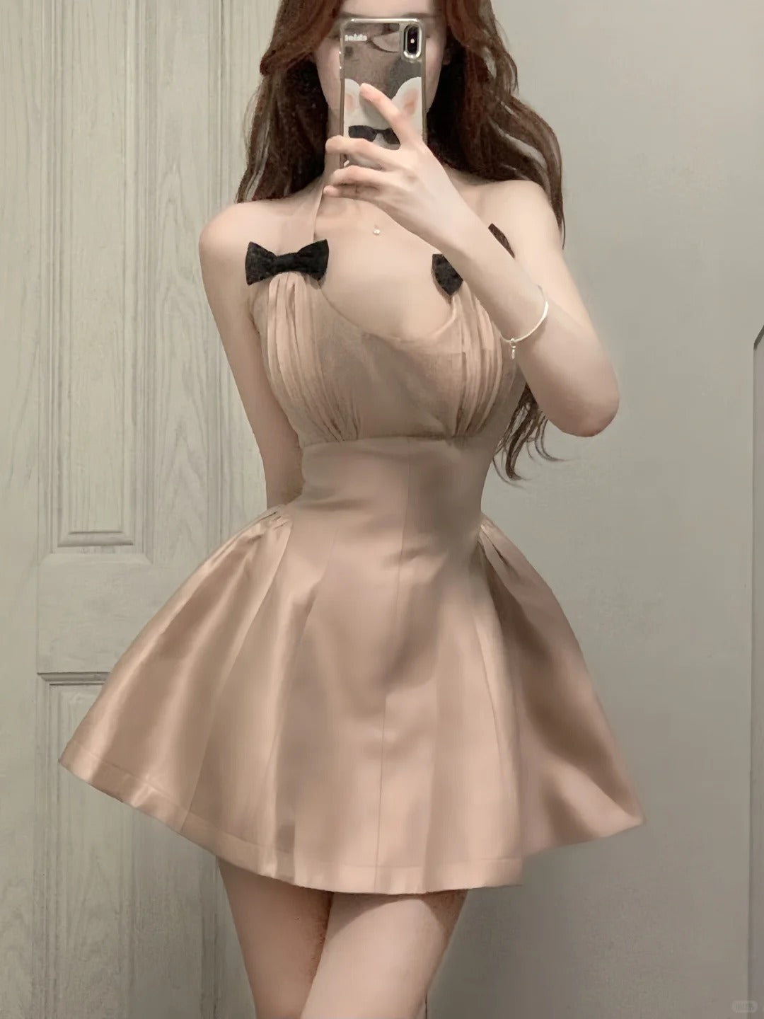 Sweet Pink Halter Neck Bow Satin A-Line Homecoming Dress P3572