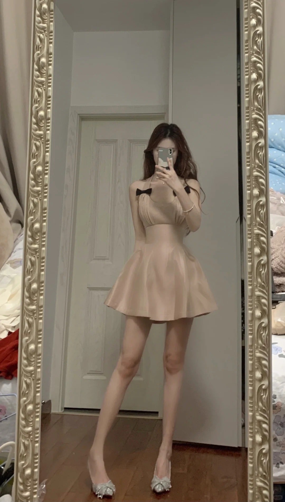 Sweet Pink Halter Neck Bow Satin A-Line Homecoming Dress P3572