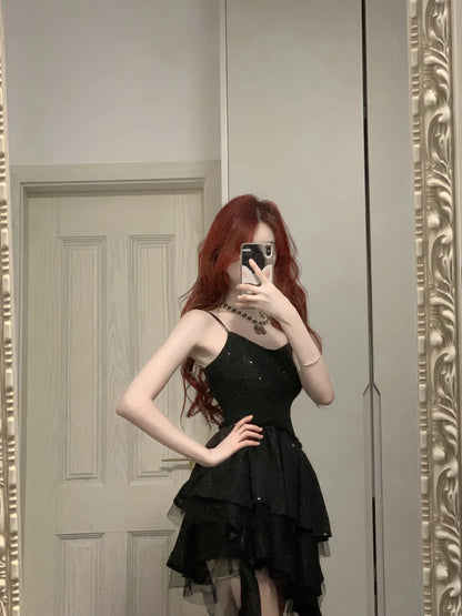 Shiny Black Spaghetti Strap Sequined Tulle Irregular Skirt 17th Birthday Homecoming Dress P3573