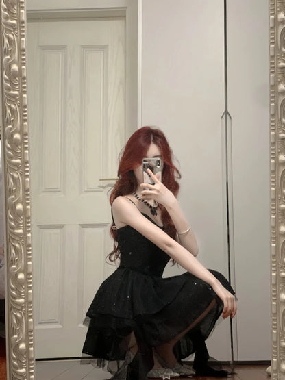 Shiny Black Spaghetti Strap Sequined Tulle Irregular Skirt 17th Birthday Homecoming Dress P3573
