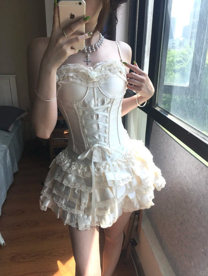 Vintage White Spaghetti Strap Corset With Satin Lace Trim 17th Birthday Homecoming Dress P3579