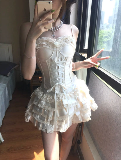Vintage White Spaghetti Strap Corset With Satin Lace Trim 17th Birthday Homecoming Dress P3579