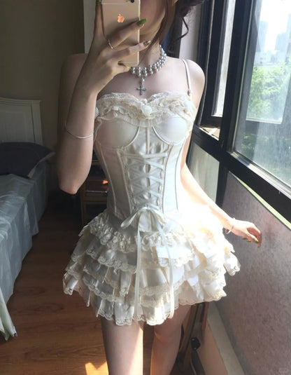 Vintage White Spaghetti Strap Corset With Satin Lace Trim 17th Birthday Homecoming Dress P3579