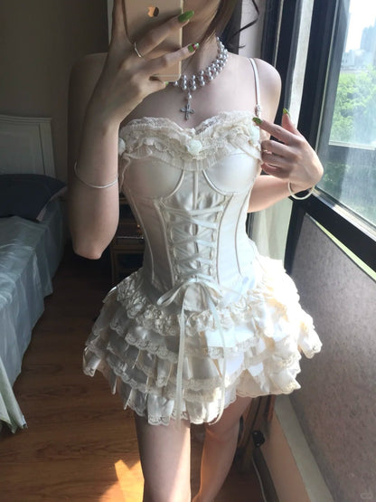 Vintage White Spaghetti Strap Corset With Satin Lace Trim 17th Birthday Homecoming Dress P3579