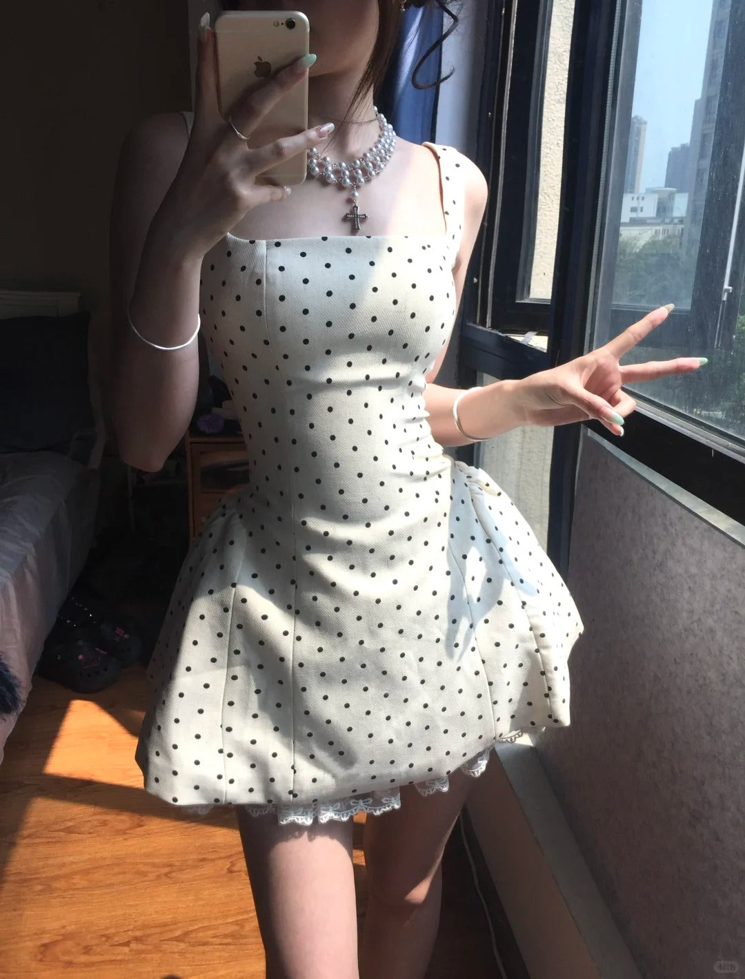 Elegant Square Neck Polka Dot Straps Back Tie Mini Homecoming Dress P3581