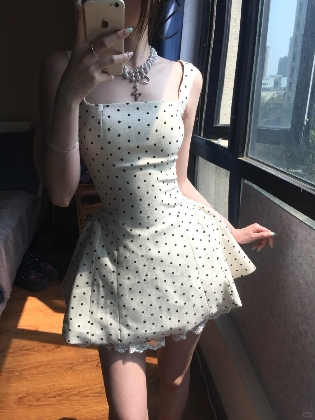Elegant Square Neck Polka Dot Straps Back Tie Mini Homecoming Dress P3581