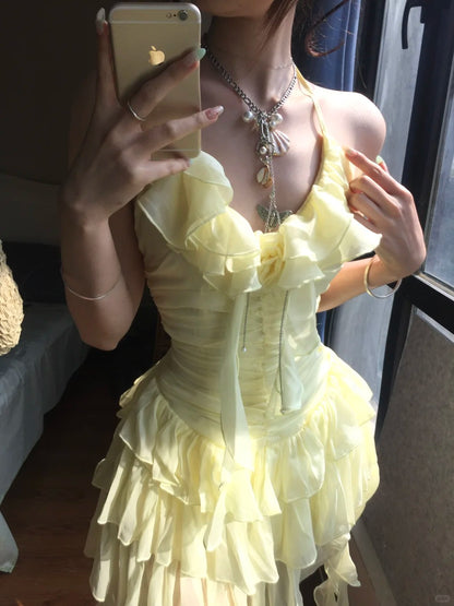 Fließendes gelbes Chiffon-Rüschen-Minikleid zum 17. Geburtstag Homecoming Kleid P3584