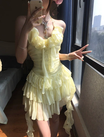 Flowy Yellow Chiffon Ruffle Mini 17th Birthday Homecoming Dress P3584 PreppyDress Flowy Yellow Chiffon Ruffle Mini 17th Birthday Homecoming Dress P3584 PreppyDress