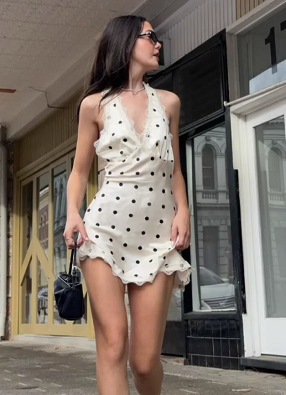 women's halter neck trapeze disco dot dress French Satin Polka Dot V-Neck Lace Trim Backless Halter Neck A-Line Ho –  PreppyDress