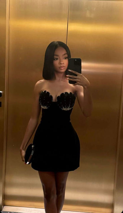 Elegant Black Sweetheart Neck Velvet Beaded Slim Fit Birthday Skirt Homecoming Dress P3598