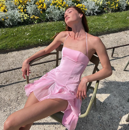 Süßes rüschenbesetztes, rückenfreies Satin-Neckholder-Heimkehrkleid zum 17. Geburtstag P3609