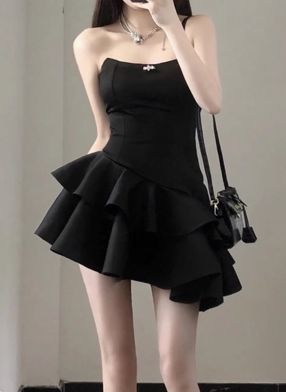 Elegantes schwarzes Satin-Tube-Top, unregelmäßiges Geburtstags-Tutu-Heimkehrkleid P3615
