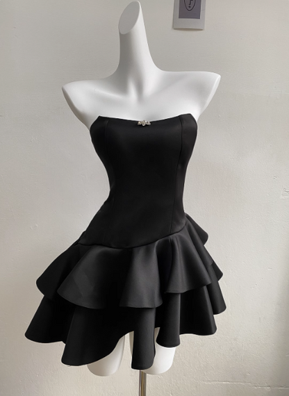 Elegant Black Satin Tube Top Irregular Birthday Tutu Homecoming Dress   PreppyDress