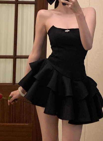 Elegant Black Satin Tube Top Irregular Birthday Tutu Homecoming Dress –  PreppyDress
