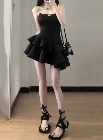 Elegant Black Satin Tube Top Irregular Birthday Tutu Homecoming Dress   PreppyDress