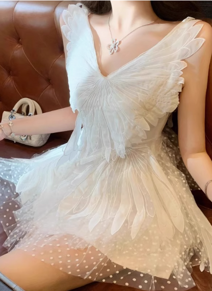 Design Weißer Feder Spleißen Tupfen Prinzessin Puffy Geburtstagskleid Abschlussballkleid P3617