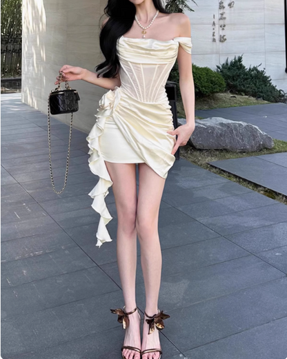 Süßes Satin Off-Shoulder Fischgrätmuster Etuikleid zum 17. Geburtstag P3627