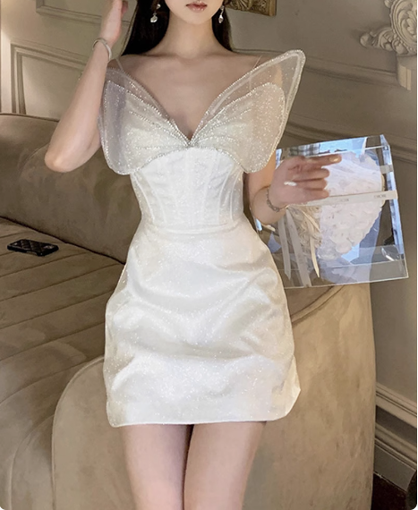 Princess Light Luxury Sling Rhinestone Bow Shiny 17th Birthday Homecoming Dress P3645