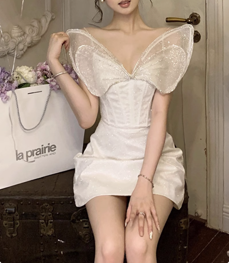 Princess Light Luxury Sling Rhinestone Bow Shiny 17th Birthday Homecoming Dress P3645