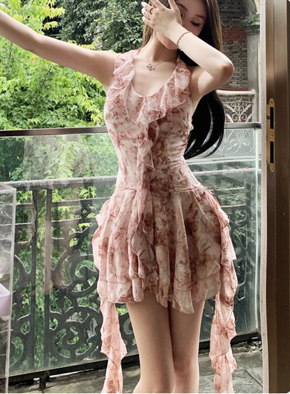 Hübsches rosa florales Neckholder Chiffon Volant 17. Geburtstag Homecoming Kleid P3646