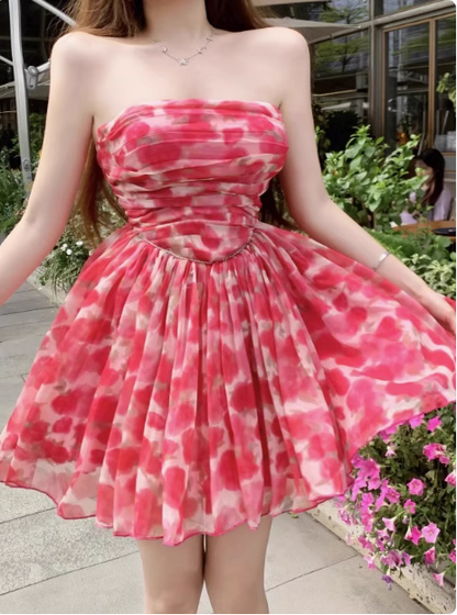 Wunderschönes, geblümtes Tube-Top-Kleid aus rosafarbenem Tüll in A-Linie, Geburtstagskleid, Ballkleid P3651