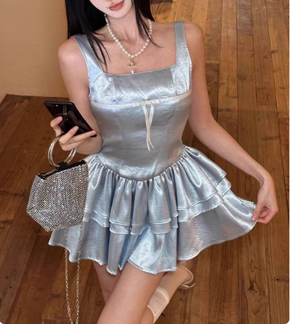Blaues Kuchenrock kurzes quadratisches Dekolleté Satin 17. Geburtstag Homecoming-Kleid P3654