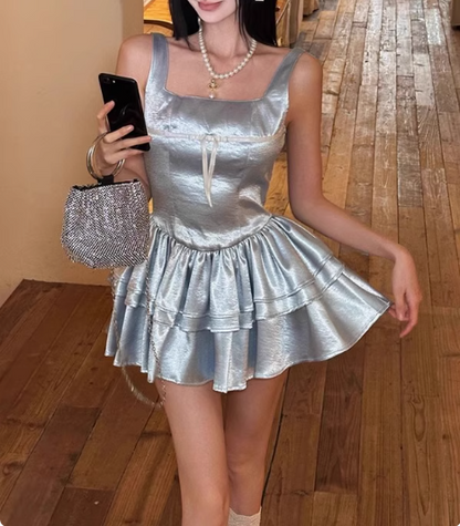 Blaues Kuchenrock kurzes quadratisches Dekolleté Satin 17. Geburtstag Homecoming-Kleid P3654
