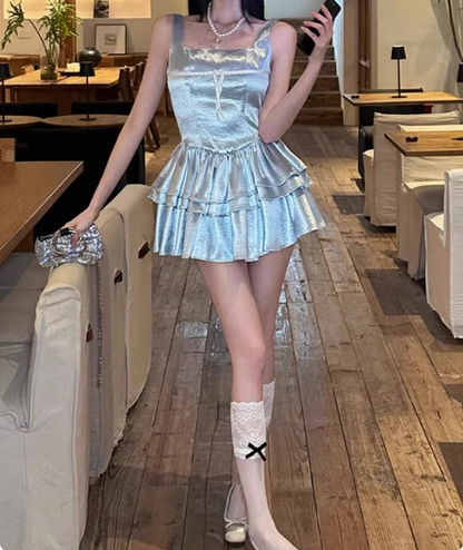 Blaues Kuchenrock kurzes quadratisches Dekolleté Satin 17. Geburtstag Homecoming-Kleid P3654