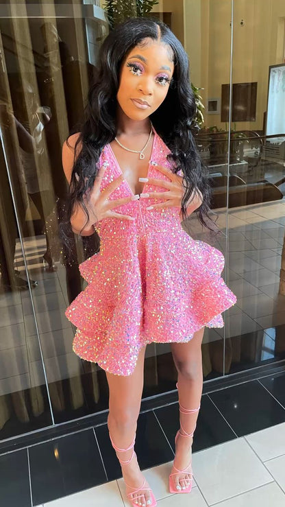 Süßes rosafarbenes Pailletten-Minikleid mit V-Ausschnitt zum 17. Geburtstag Homecoming P3671