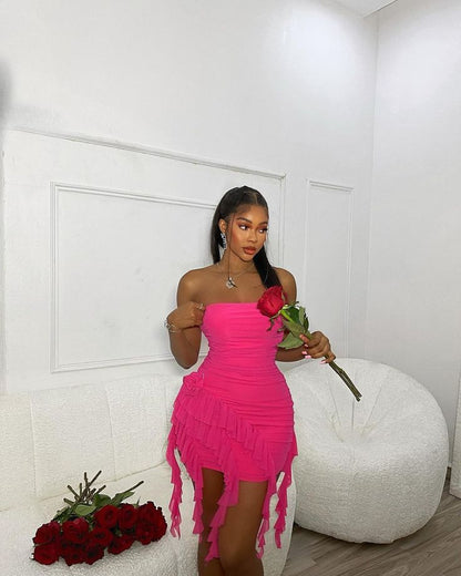 Sexy Pink Tube Top Ruffle Tight Hip 17th Birthday Homecoming Dress P36 PreppyDress Sexy Pink Tube Top Ruffle Tight Hip 17th Birthday Homecoming Dress P36 PreppyDress