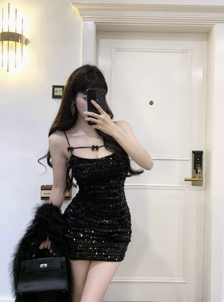 Shiny Bow Sequined Slim Fit Hip 17th Birthday Homecoming Dress P3677
