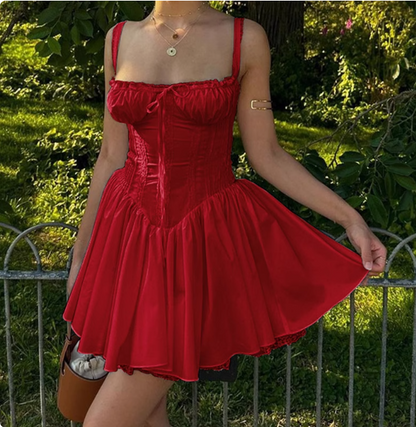 Französisches Ballett-Stil Kleid mit Schleifen-Taille und Hosenträgern, rotes Mini-Geburtstags-/Heimkehrkleid P3685