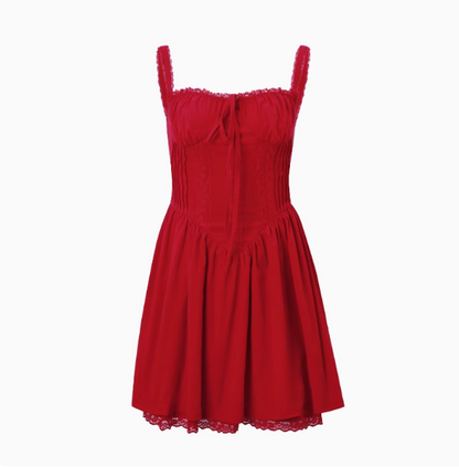 Französisches Ballett-Stil Kleid mit Schleifen-Taille und Hosenträgern, rotes Mini-Geburtstags-/Heimkehrkleid P3685