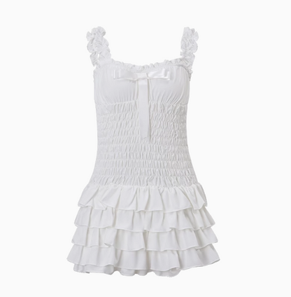 Süßes Rüschen-Träger-Minikleid mit Schleife für den 17. Geburtstag Homecoming P3691