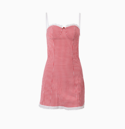 Vintage Karo Hosenträger Spitze Rot 17. Geburtstag Heimkehr Kleid P3695