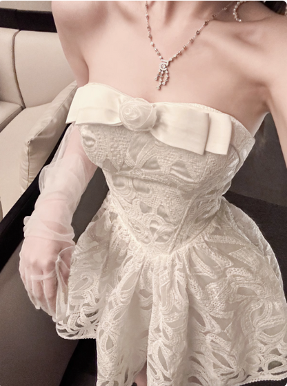 Süßes weißes Tube Top A-Linien-Spitzenkleid zum 17. Geburtstag Homecoming P3699