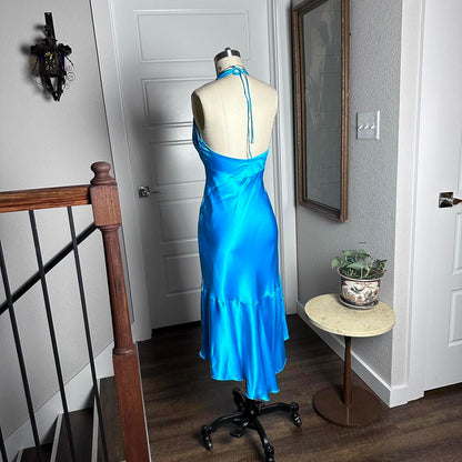 Simple Halter Neck Satin Blue Open Back Homecoming Dress P3704  PreppyDress