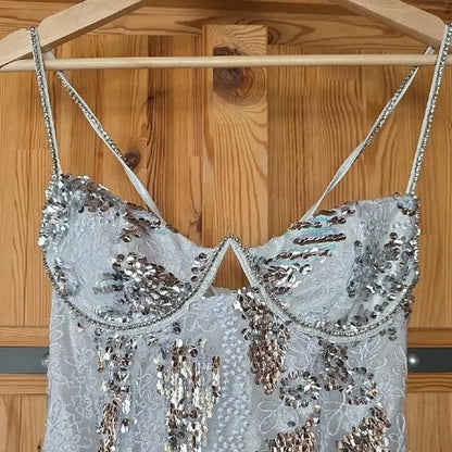 Hübsches Träger-Minikleid aus weißer Pailletten-Spitze für den 17. Geburtstag Homecoming P3705