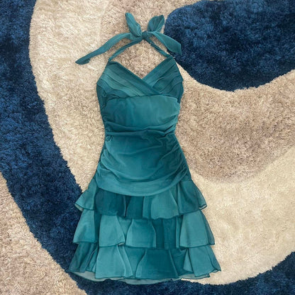 Süßes Glitzer-Neckholder-Kleid mit V-Ausschnitt, Rüschen, Mini, zum 16. Geburtstag, Heimkehrkleid P3706