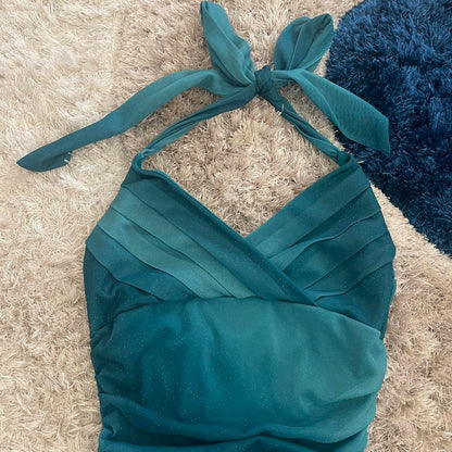 Süßes Glitzer-Neckholder-Kleid mit V-Ausschnitt, Rüschen, Mini, zum 16. Geburtstag, Heimkehrkleid P3706